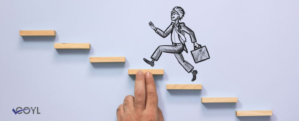 An illustration of a business man climbing stairs, representing development goals for managers